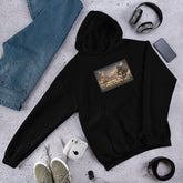 Unisex black hoodie with chest graphic and front kangaroo pocket