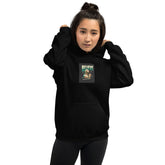 Black unisex hoodie with front graphic, hood and kangaroo pocket.