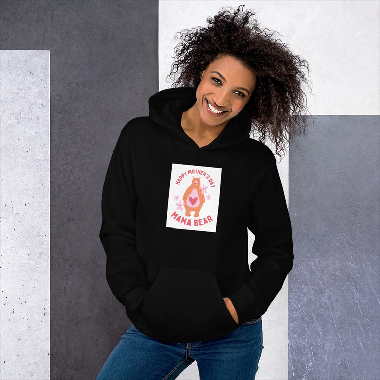 Black unisex hoodie with kangaroo pocket and Mama Bear graphic on chest