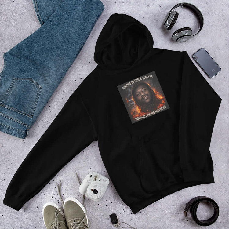 Unisex hoodie in Black with front hood and large chest graphic print