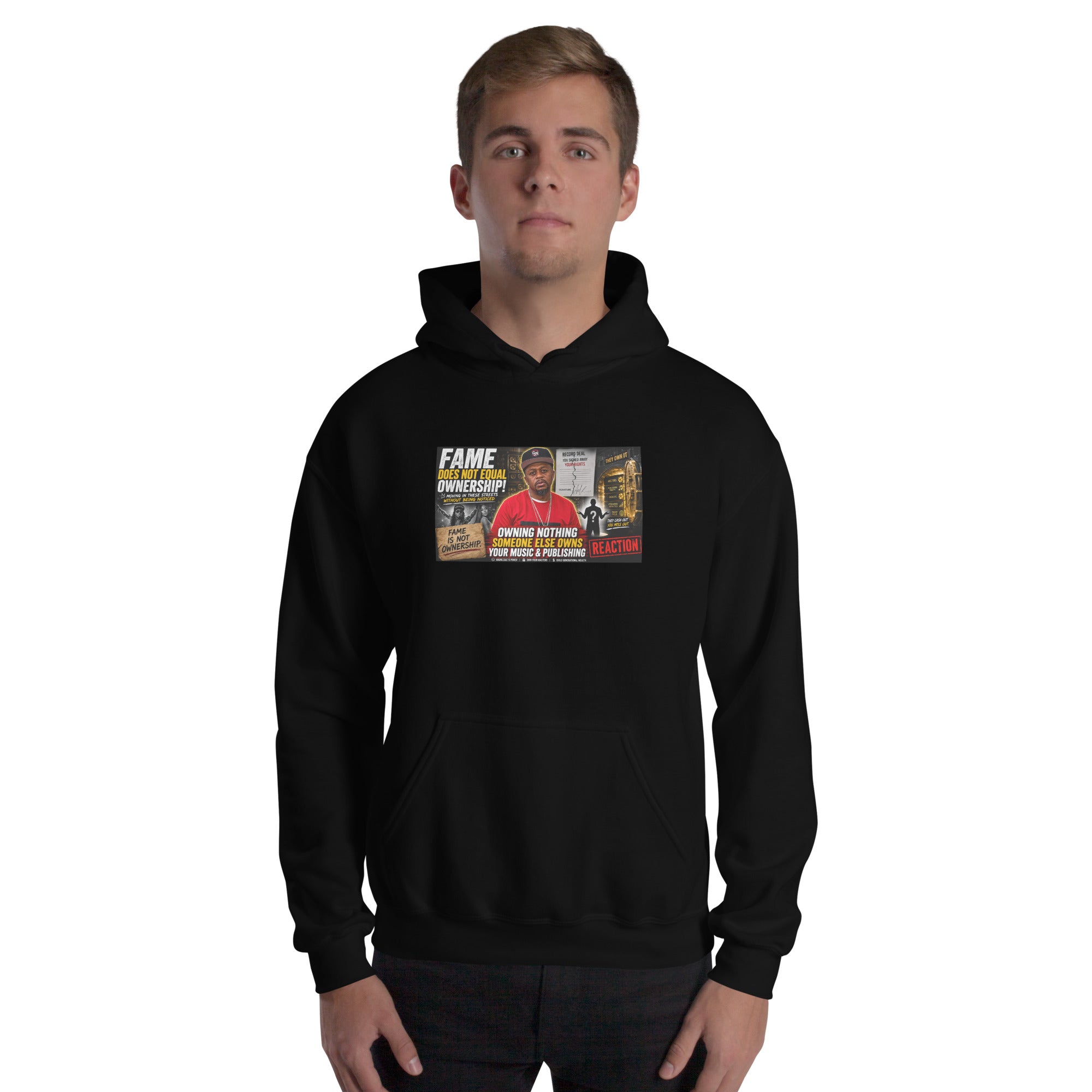 Black unisex pullover hoodie with front graphic, hood, and kangaroo pocket