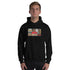 Black unisex pullover hoodie with front graphic, hood, and kangaroo pocket