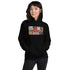 Black pullover hoodie with front graphic print and kangaroo pocket