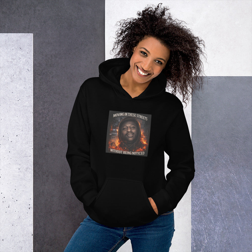 Black streetwear hoodie with front graphic print, pullover hood, and kangaroo pocket.