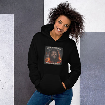 Black streetwear hoodie with front graphic print, pullover hood, and kangaroo pocket.