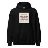 Black unisex pullover hoodie with hood, front pouch pocket, and center graphic text print