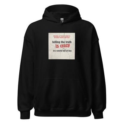 Black unisex pullover hoodie with hood, front pouch pocket, and center graphic text print