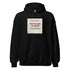 Black unisex pullover hoodie with hood, front pouch pocket, and center graphic text print