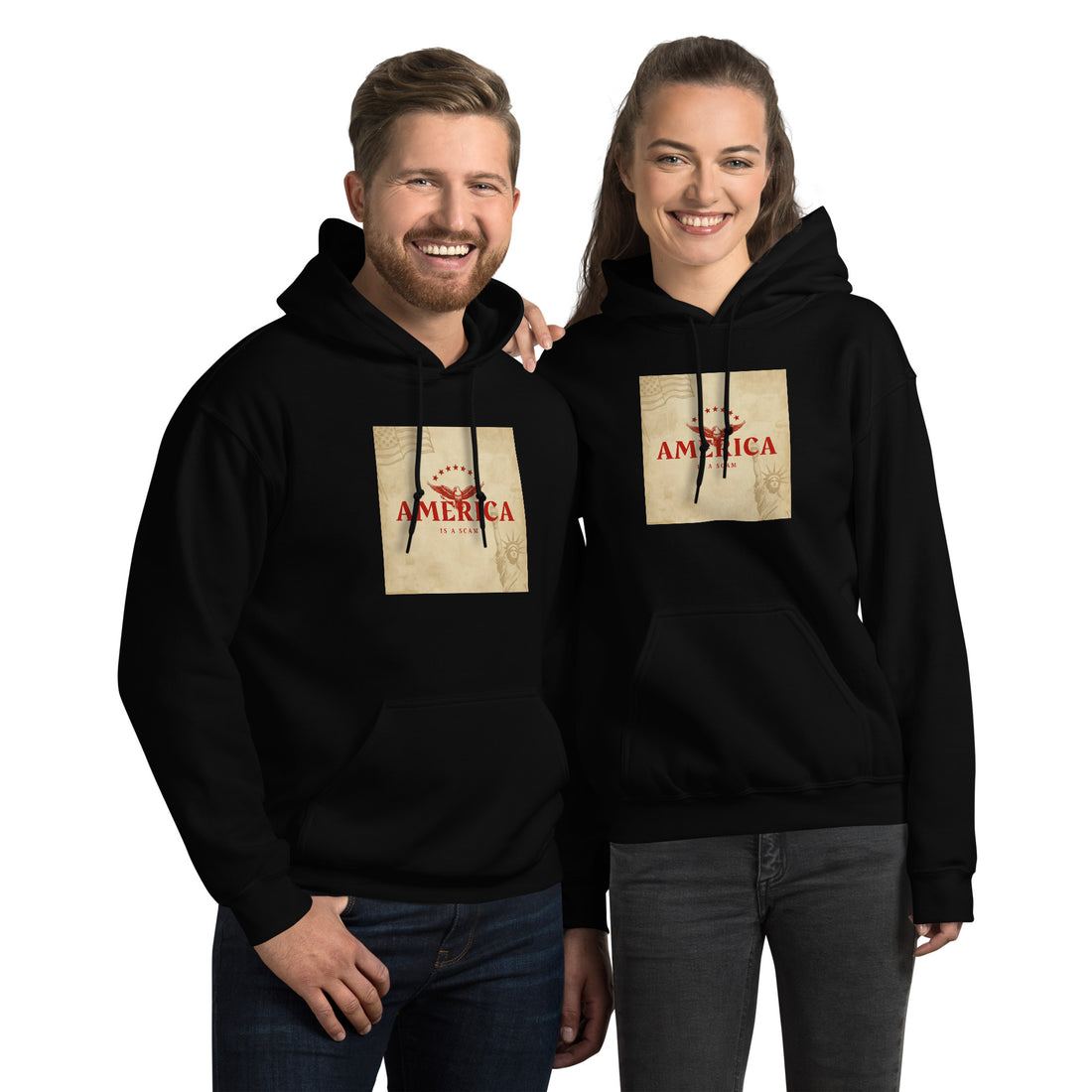 Unisex black streetwear hoodie with front “AMERICA” graphic print, kangaroo pocket.