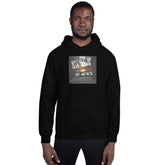 Black hoodie with front graphic print, drawstring hood, and kangaroo pocket