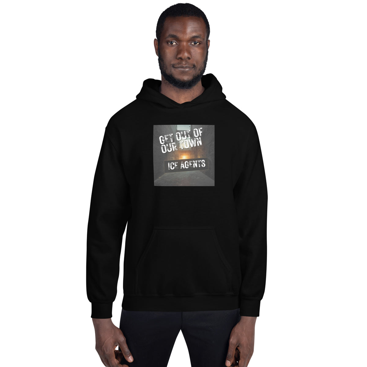 Black hoodie with front graphic print, drawstring hood, and kangaroo pocket