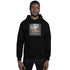Black hoodie with front graphic print, drawstring hood, and kangaroo pocket