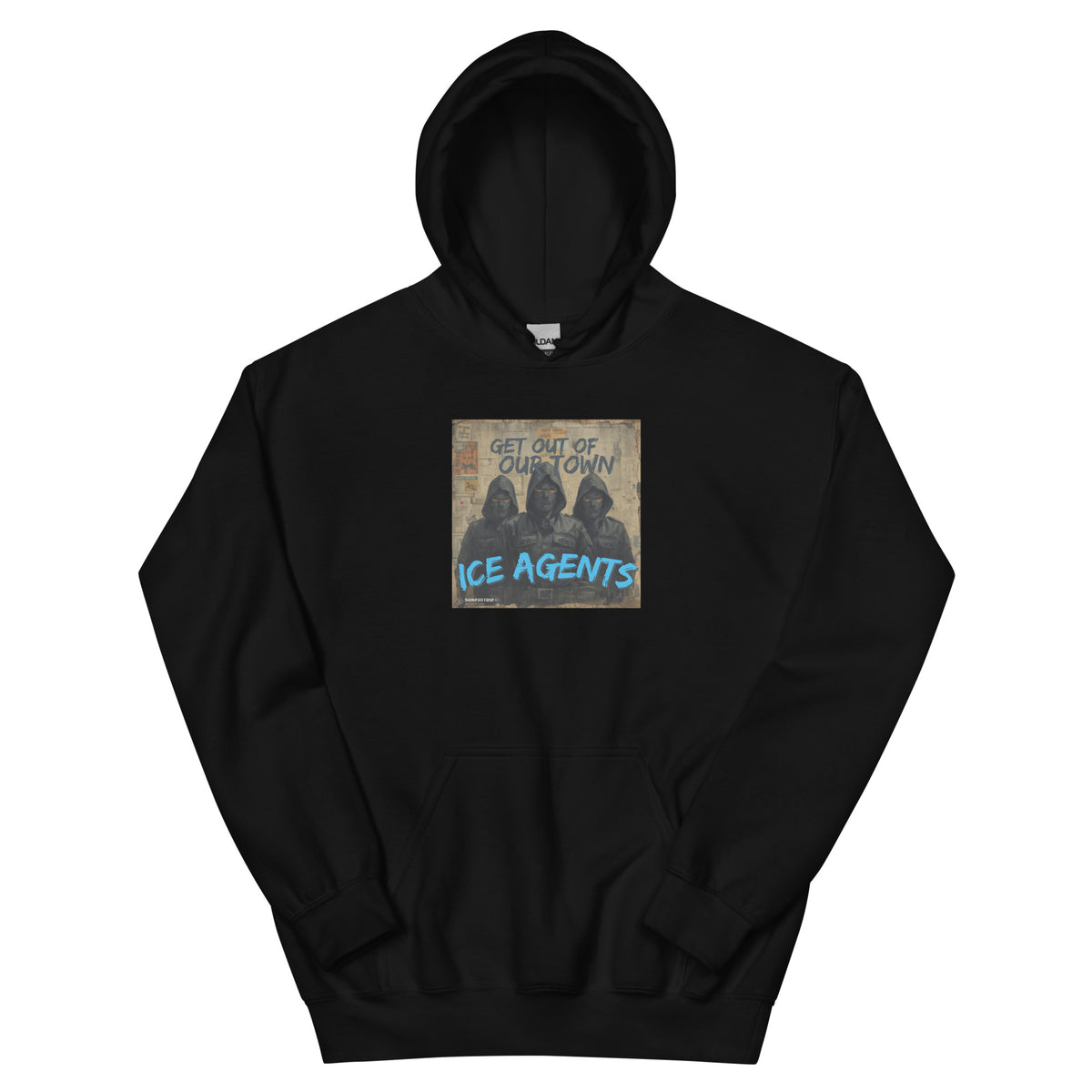 Black pullover hoodie with front graphic logo print and kangaroo pocket