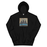 Black pullover hoodie with front graphic logo print and kangaroo pocket