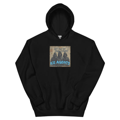 Black pullover hoodie with front graphic logo print and kangaroo pocket