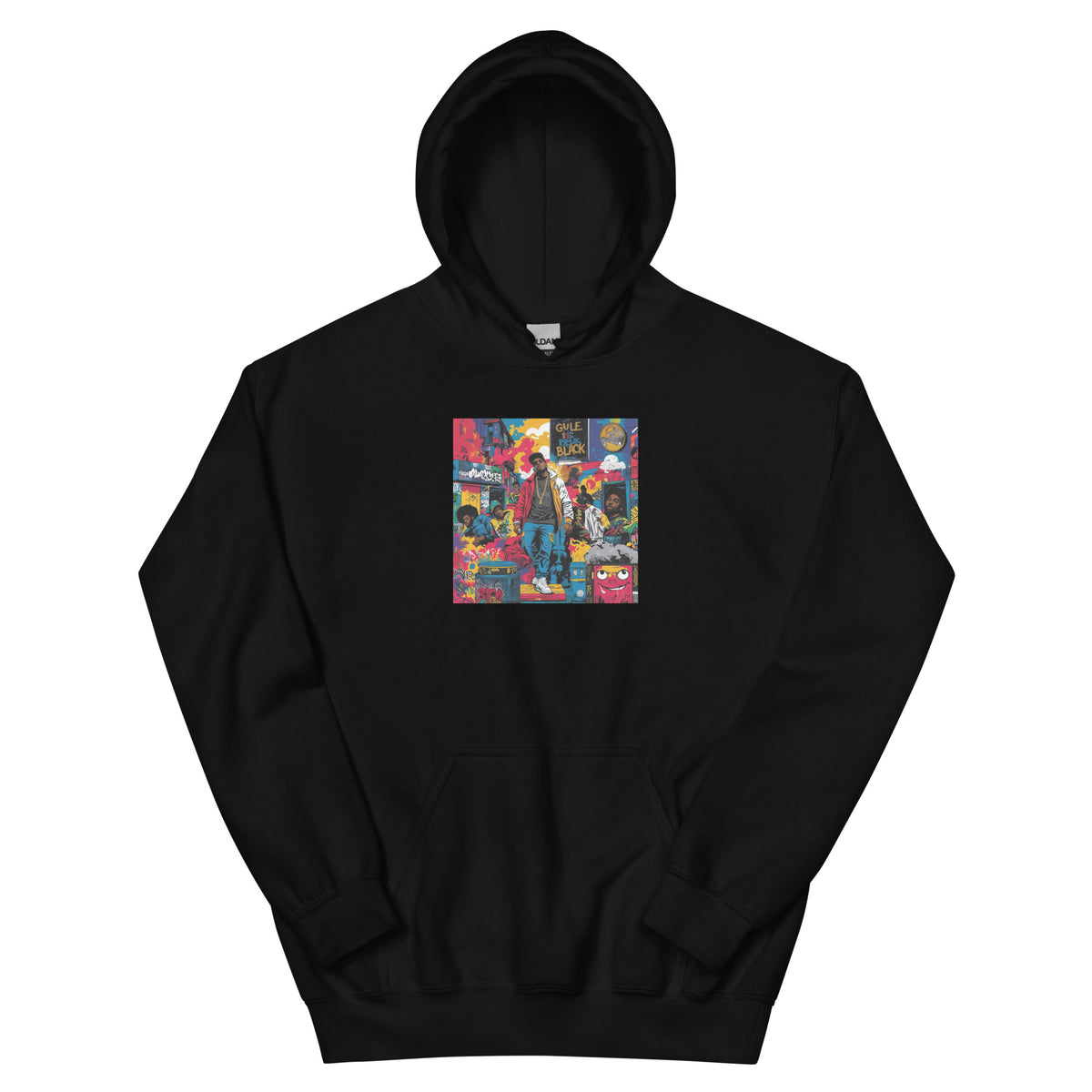 Black pullover hoodie with colorful square graphic on the chest