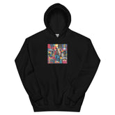 Black pullover hoodie with colorful square graphic on the chest