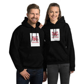 Black pullover hoodie with hood and front pocket, square chest graphic print.