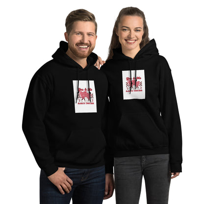 Black pullover hoodie with hood and front pocket, square chest graphic print.