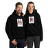 Black pullover hoodie with hood and front pocket, square chest graphic print.