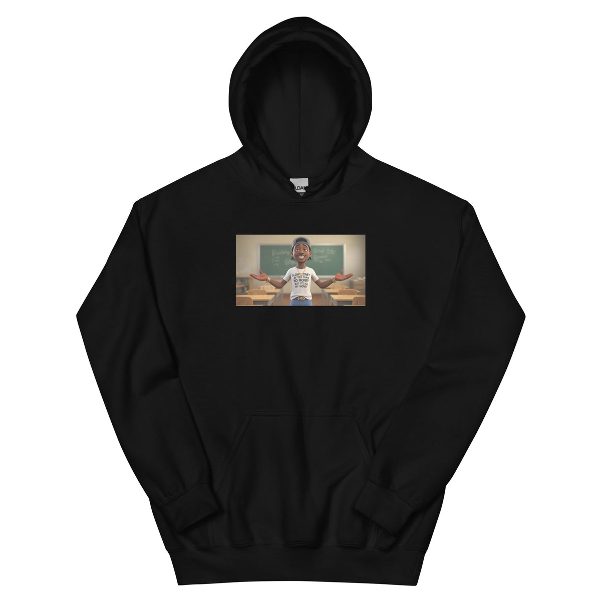 Black pullover hoodie with kangaroo pocket, adjustable hood, and small chest graphic.