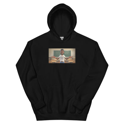 Black pullover hoodie with kangaroo pocket, adjustable hood, and small chest graphic.