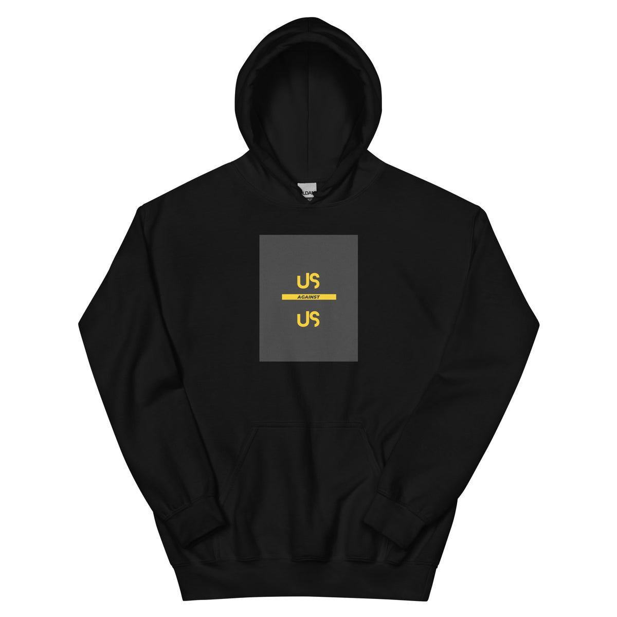 Unisex black pullover hoodie with yellow “US” chest graphic and front pouch pocket