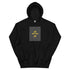 Unisex black pullover hoodie with yellow “US” chest graphic and front pouch pocket