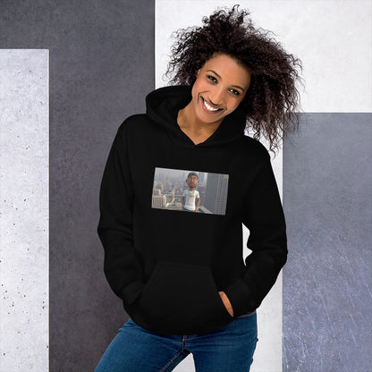 Black pullover streetwear hoodie with hood, graphic chest print, and kangaroo pocket