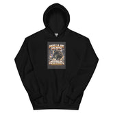 Black pullover hoodie with front graphic print and kangaroo pocket