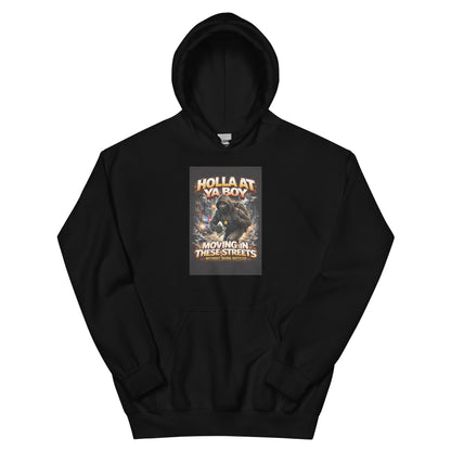 Black pullover hoodie with front graphic print and kangaroo pocket
