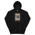 Black pullover hoodie with front graphic print and kangaroo pocket