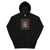 Black pullover hoodie with front square logo graphic and hood drawstring.