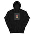 Black pullover hoodie with front square logo graphic and hood drawstring.