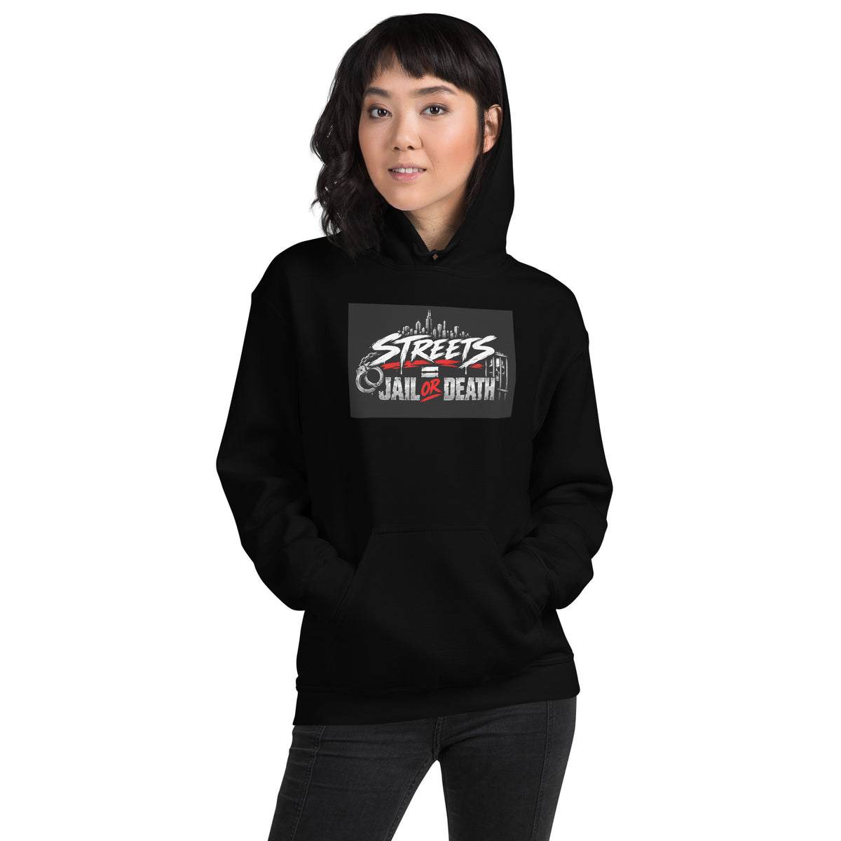 Black unisex hoodie with front hood and centered Streets graphic print