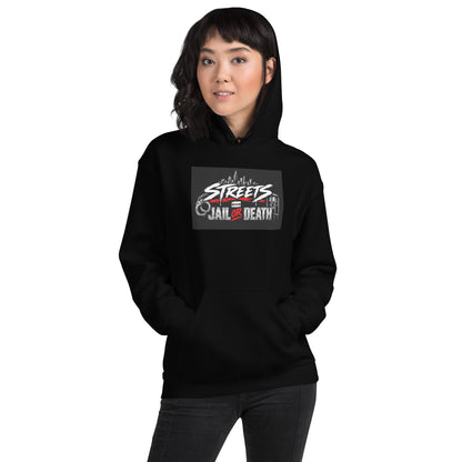 Black unisex hoodie with front hood and centered Streets graphic print