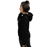 Black unisex hoodie with hood and pouch pocket, back side view.