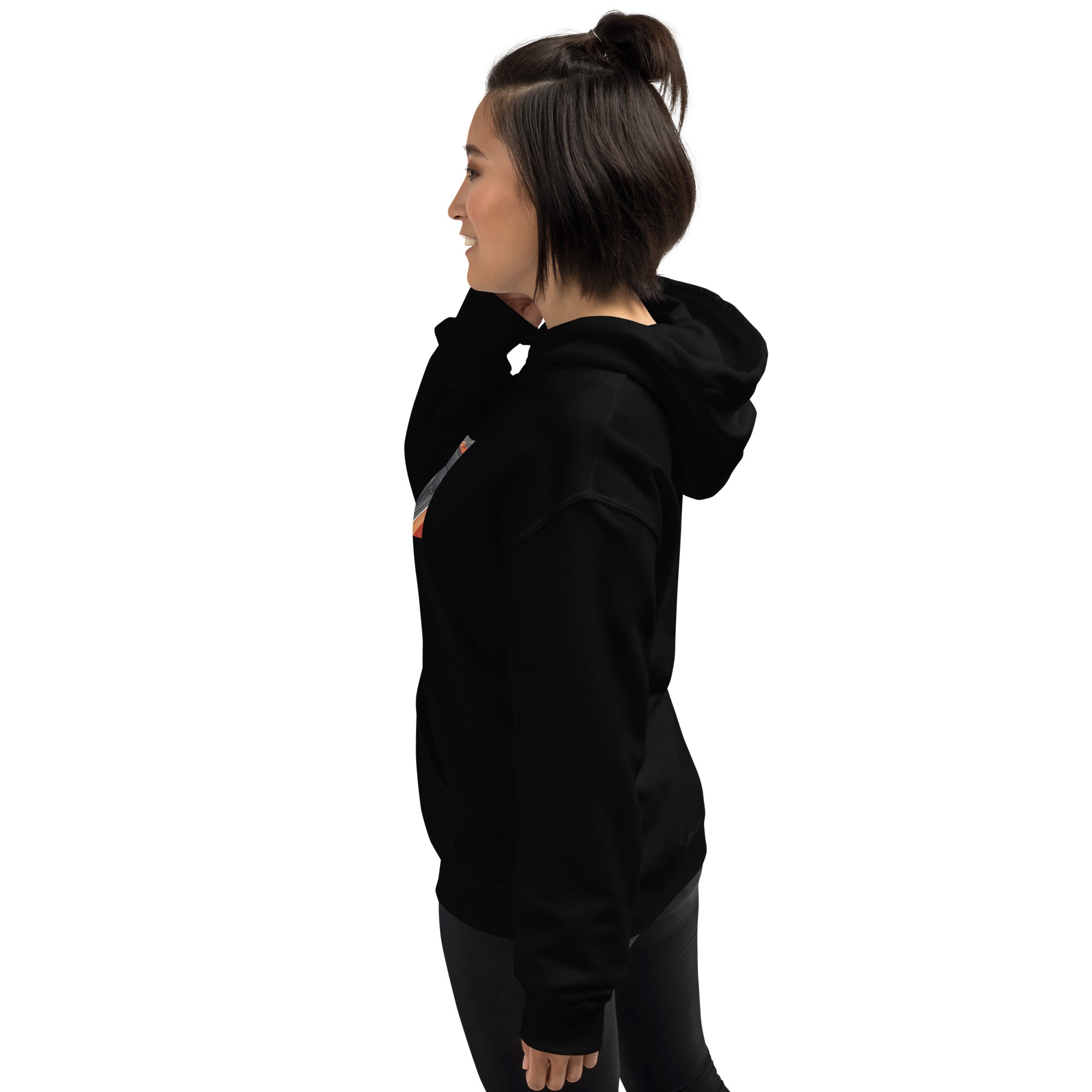Black hoodie side view with hood opening and visible chest graphic