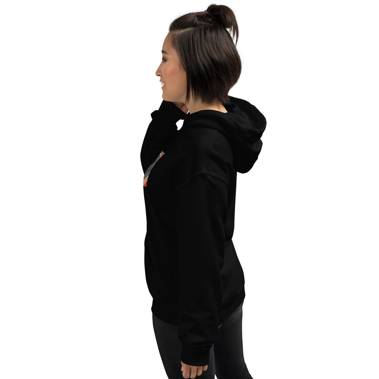 Black unisex hoodie with hood and pouch pocket, back side view.