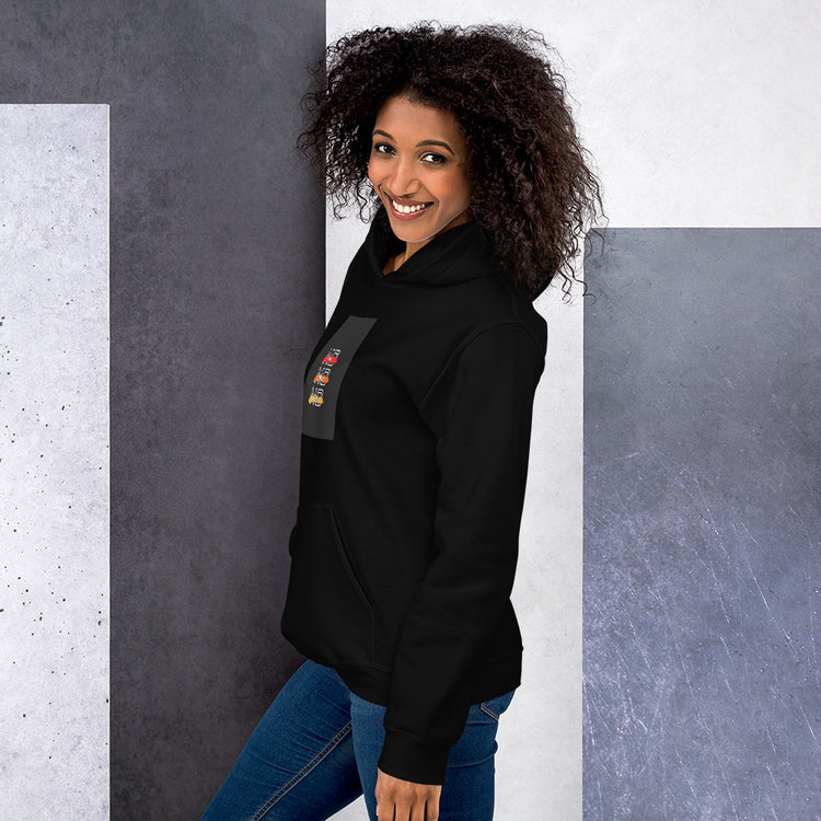 Black unisex hoodie with chest graphic and drawstring hood, side view