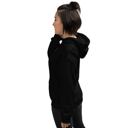 Black unisex hoodie, side view with hood and full sleeves