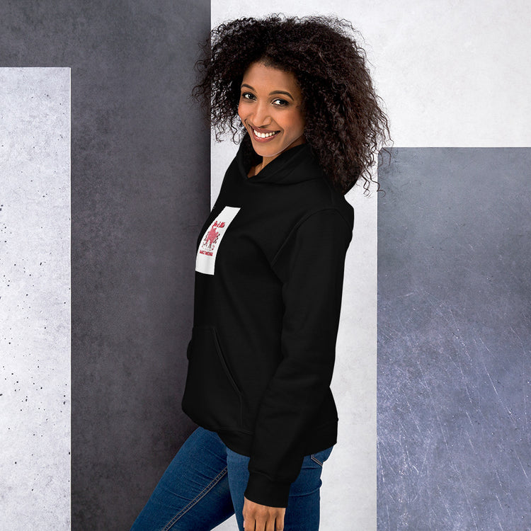 Black unisex hoodie with side view and small square chest graphic patch