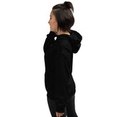 Black unisex hoodie side view with hood, front pocket and drawstring.