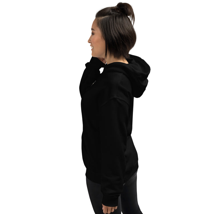 Black unisex hoodie side view with hood, front pocket and drawstring.