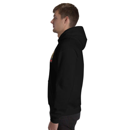 Black unisex pullover hoodie with chest print, side profile