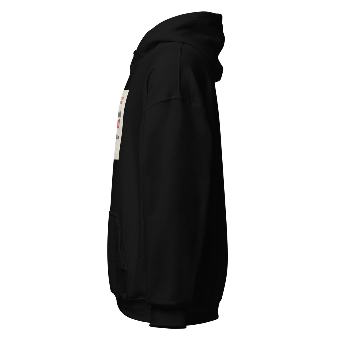 Black unisex pullover hoodie, side view with hood and sleeve graphic detail