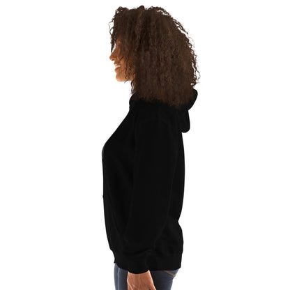 Black pullover hoodie with hood and long sleeves, side view