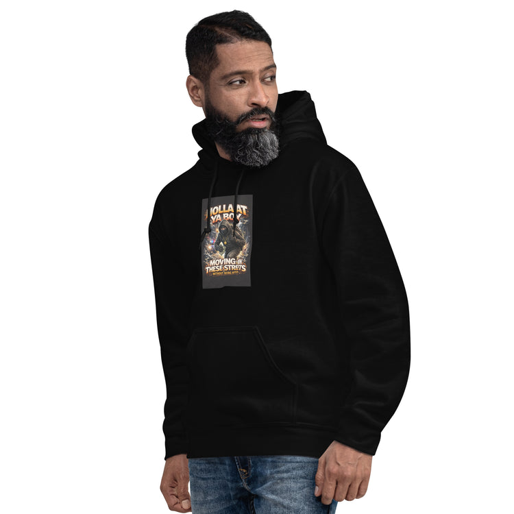 Black unisex pullover hoodie, front view, with graphic print and kangaroo pocket