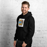 Unisex black hoodie side view with front graphic print
