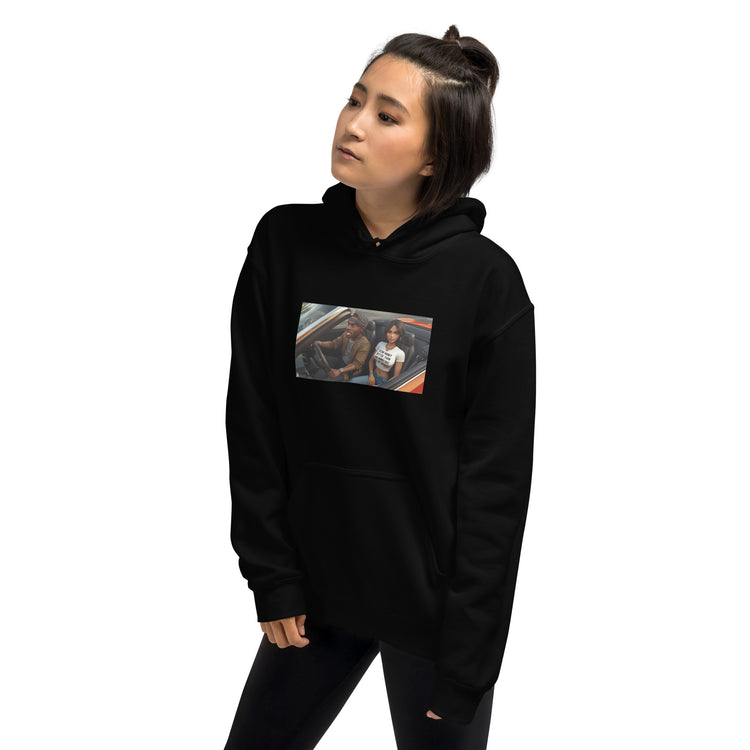 Black unisex hoodie with hood, pouch pocket, and chest graphic print, 3/4 view.